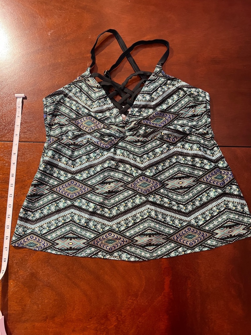 Women’s Black and Mint Printed Crisscross Swim tankini Top